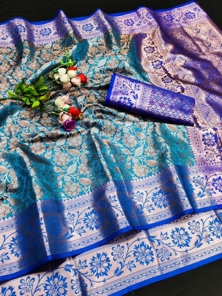 Image of Pure Banarasi Silk All Over Dual Color Zari Weaved Saree