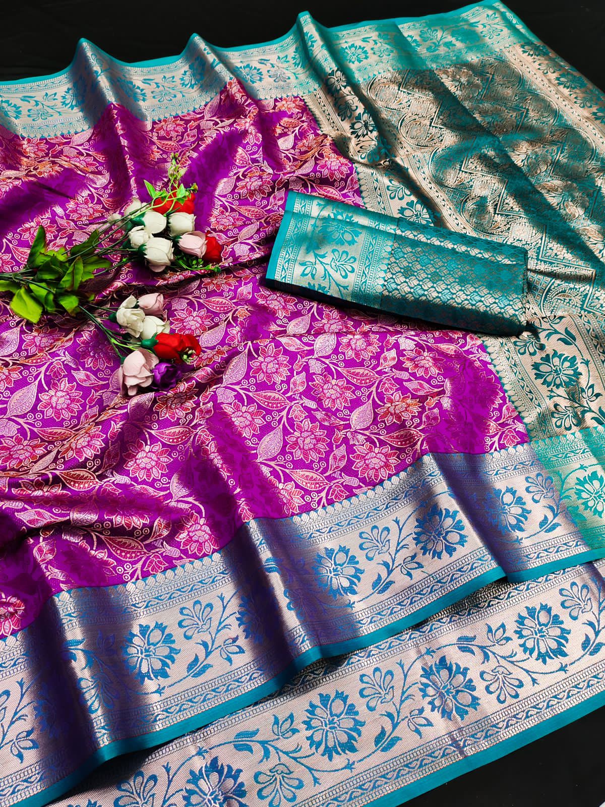 Pure Banarasi Silk All Over Dual Color Zari Weaved Saree