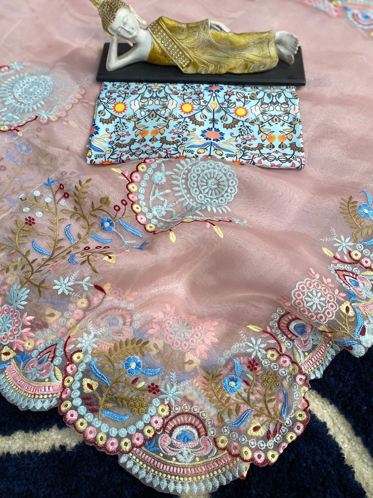 Organza Silk Multi Thread Embroidered Cutwork Saree