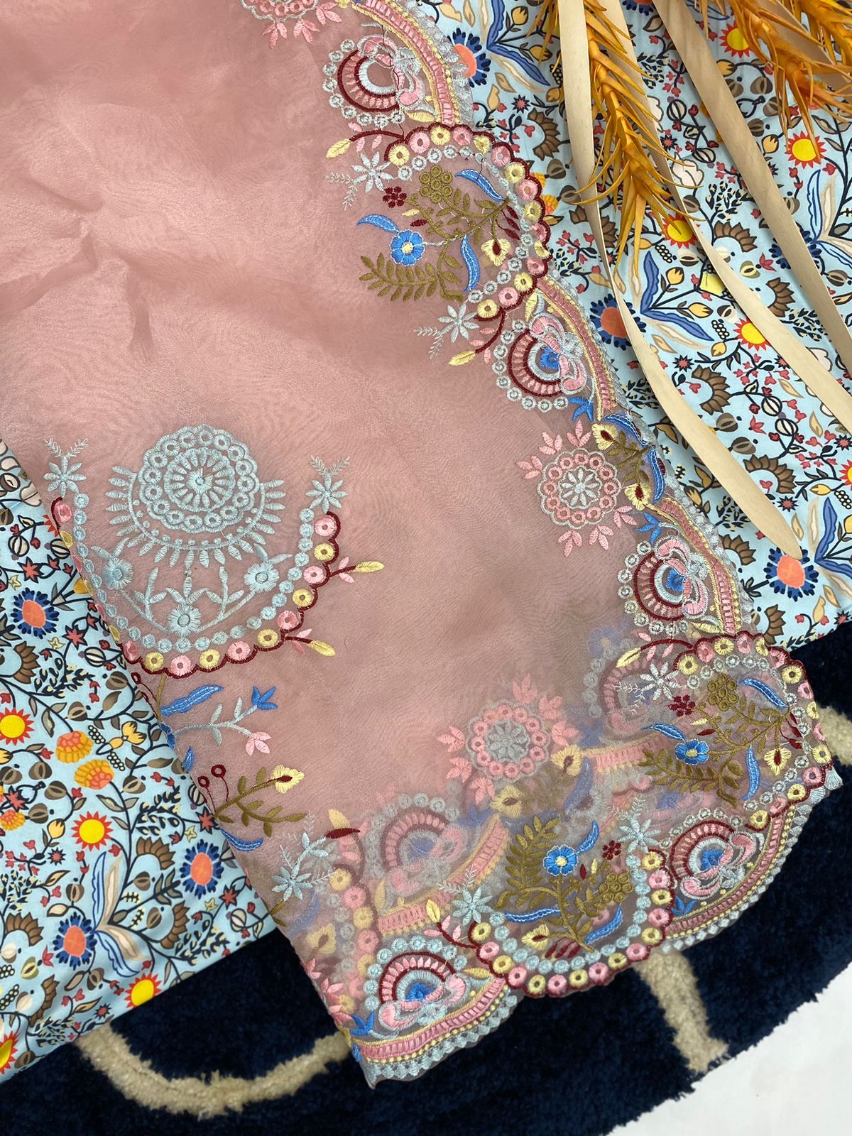 Organza Silk Multi Thread Embroidered Cutwork Saree