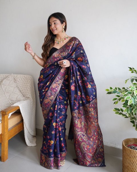 Image of Navy Blue Pure Zari Kashmiri Weaving Multi Thread Saree