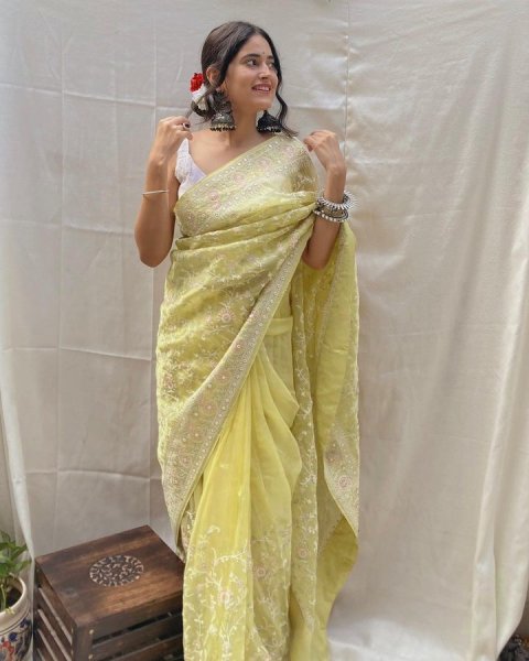 Image of Yellow Pure Organza Silk Lucknawi Chikankari Embroidery Saree