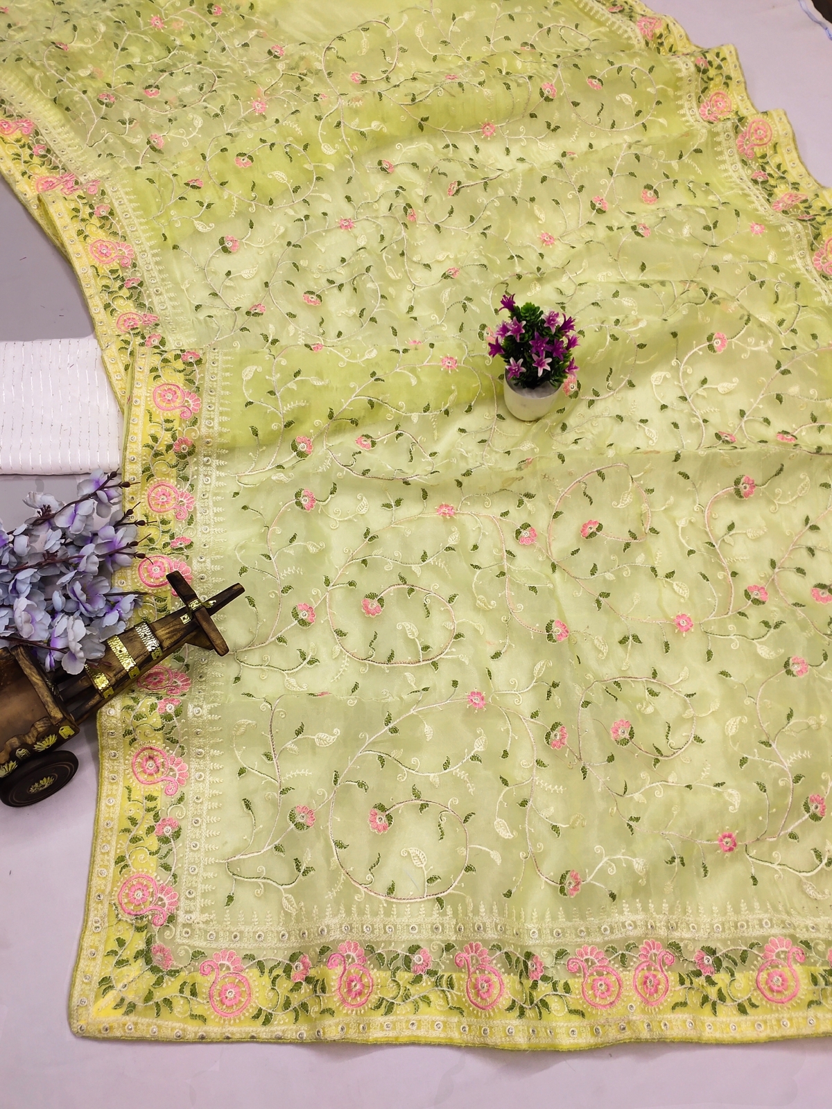 Yellow Pure Organza Silk Lucknawi Chikankari Embroidery Saree