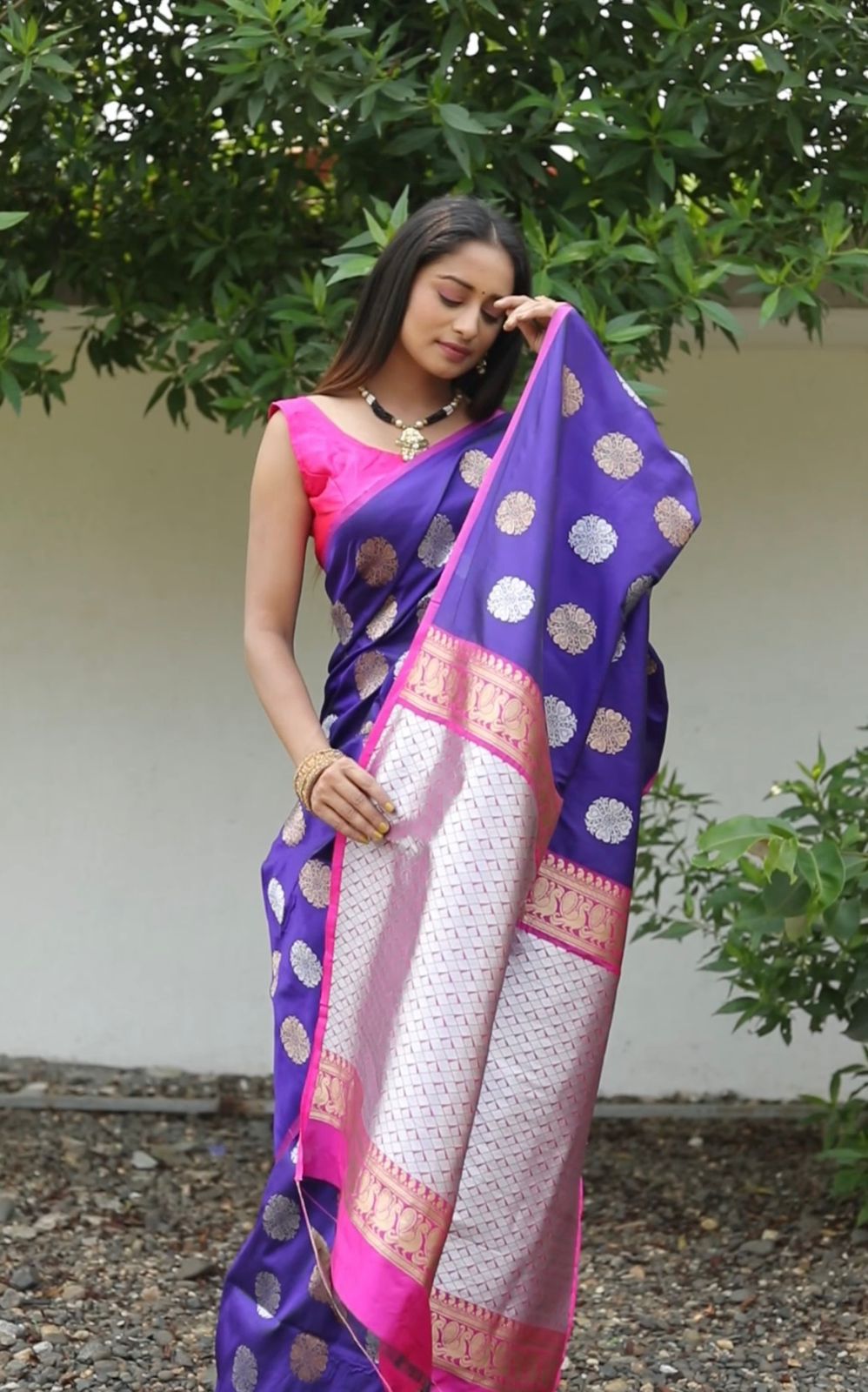 Banarasi Silk Silver Gold Zari Weaved Borderless Saree