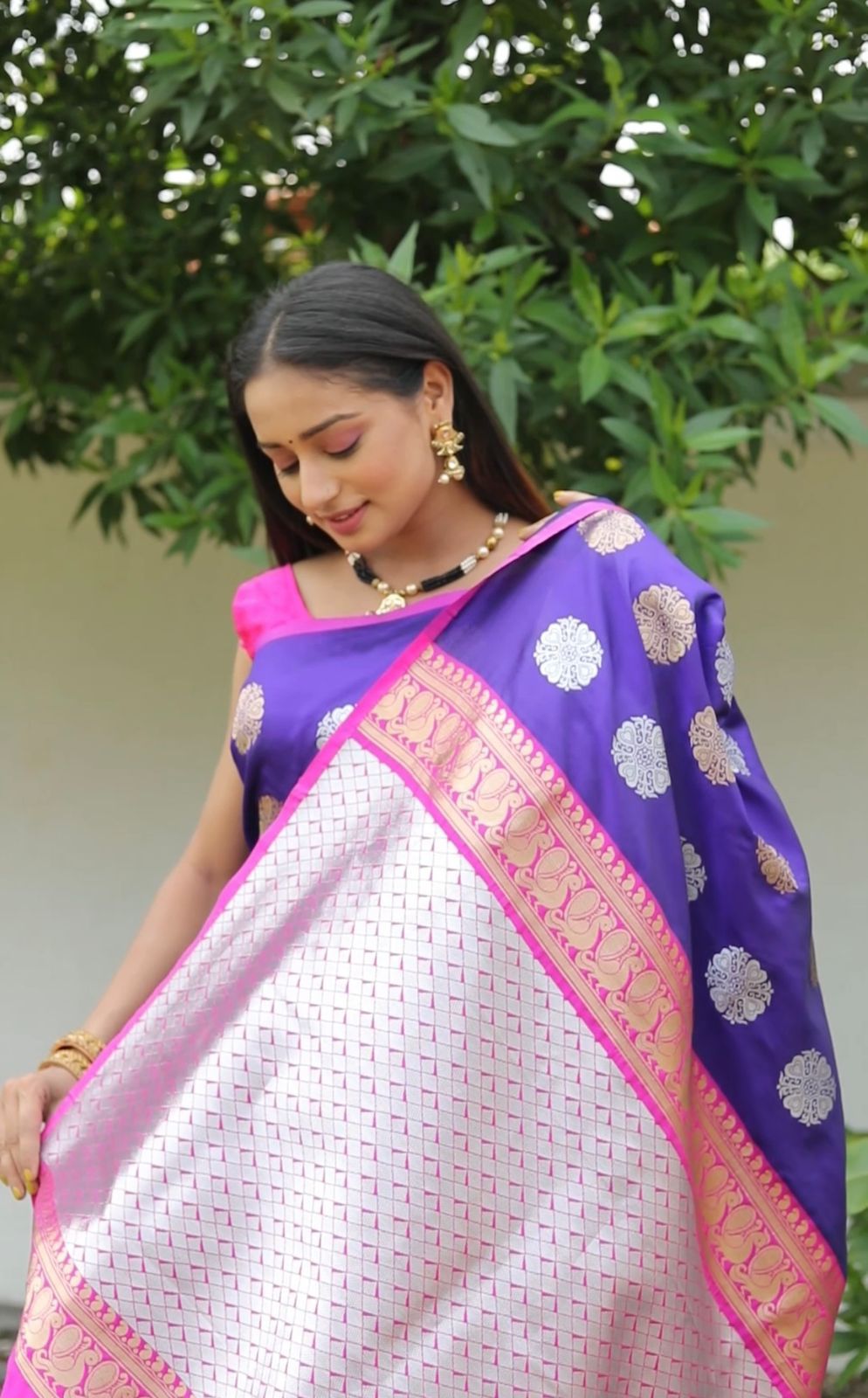 Banarasi Silk Silver Gold Zari Weaved Borderless Saree