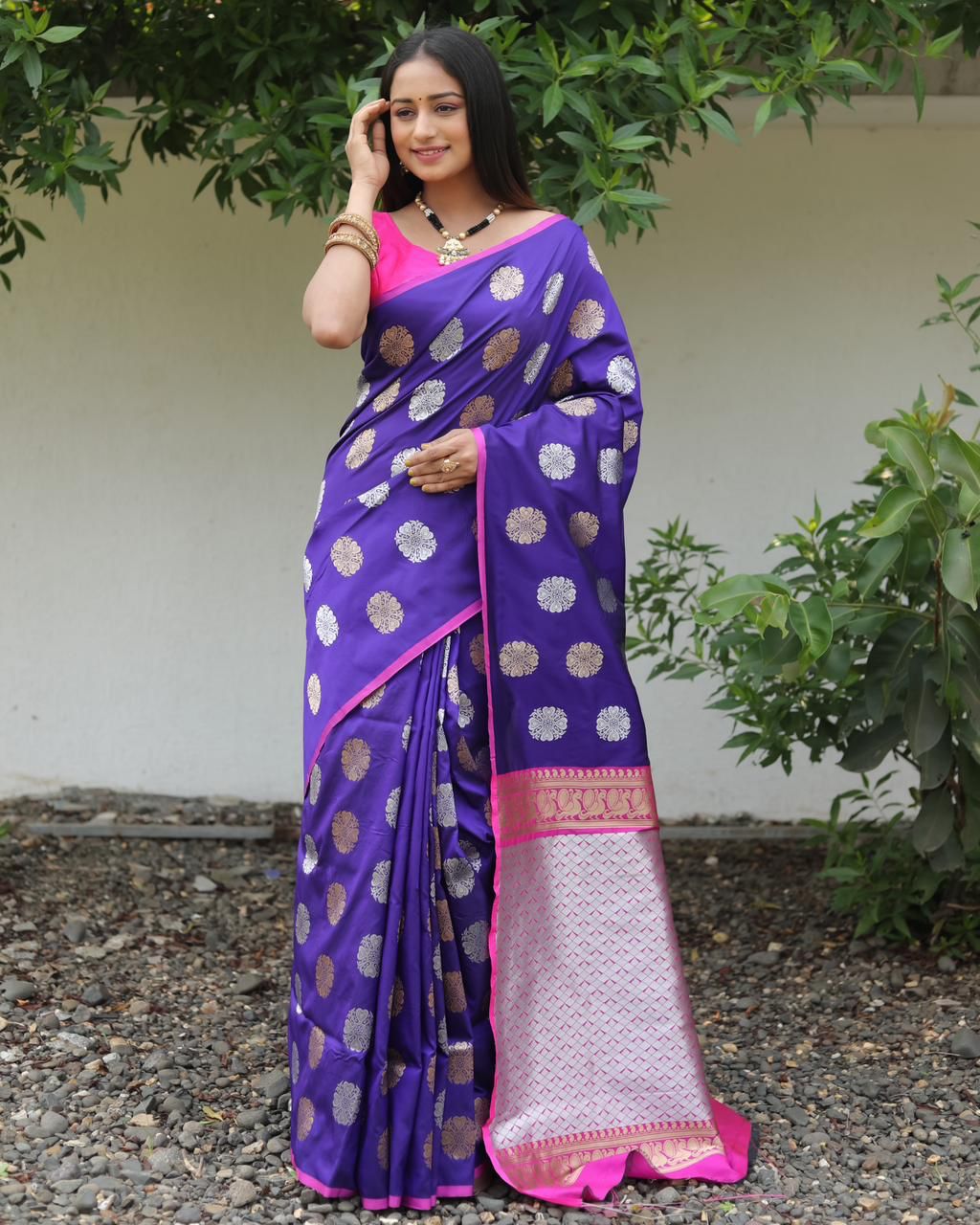 Banarasi Silk Silver Gold Zari Weaved Borderless Saree