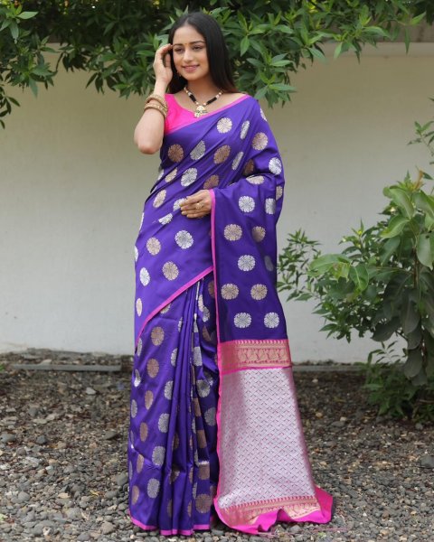 Image of Banarasi Silk Silver Gold Zari Weaved Borderless Saree