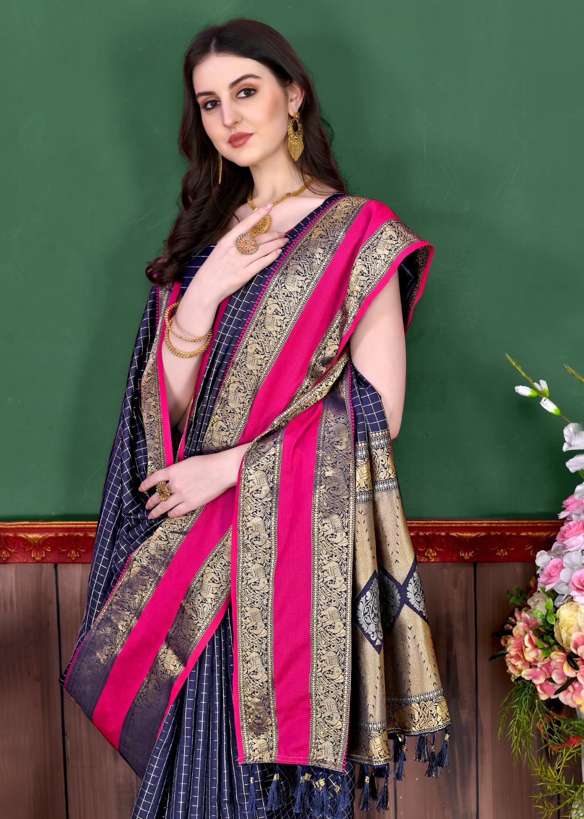 Pure Banarasi Silk All Over Zari Weaved Check Saree