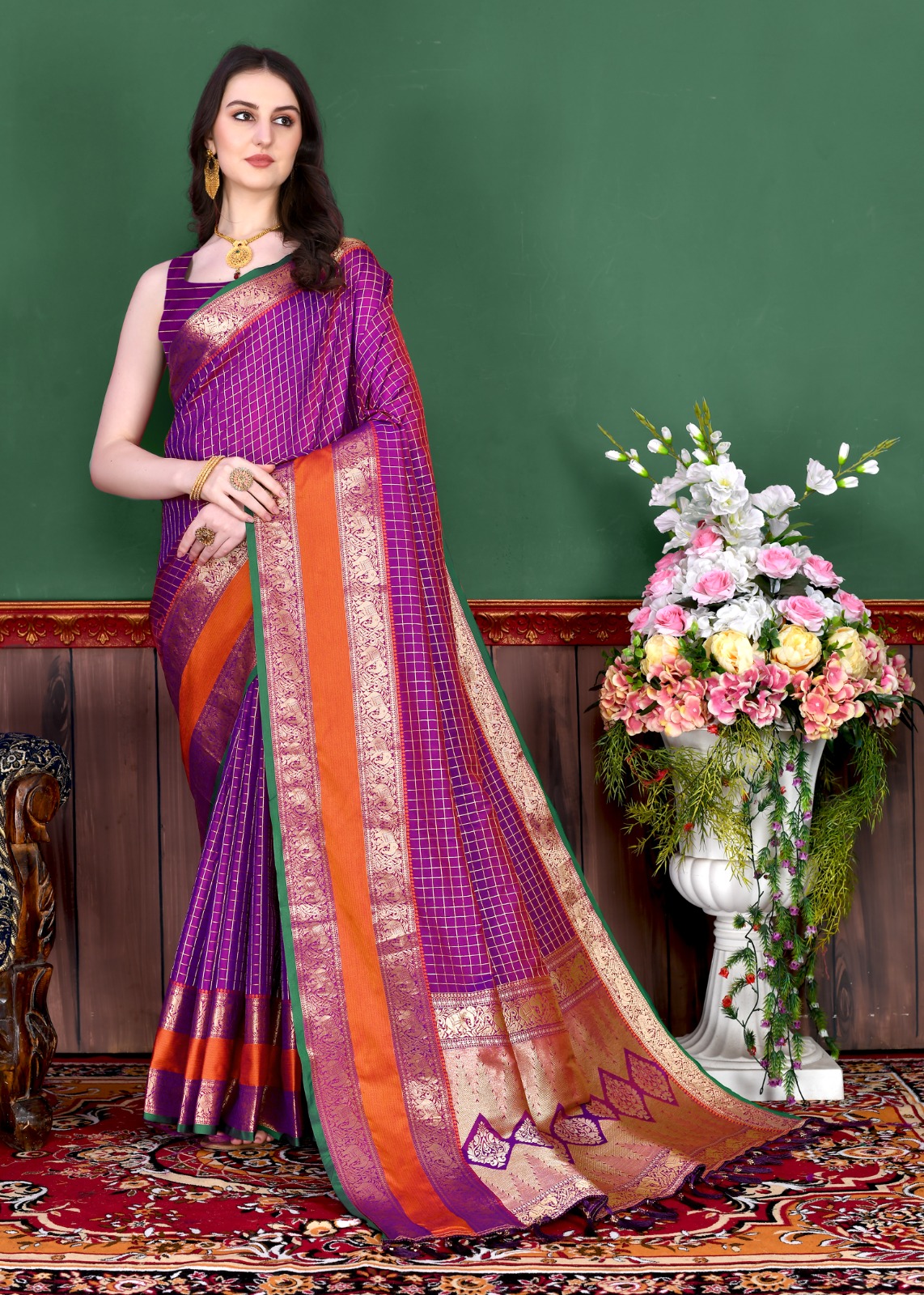 Pure Banarasi Silk All Over Zari Weaved Check Saree