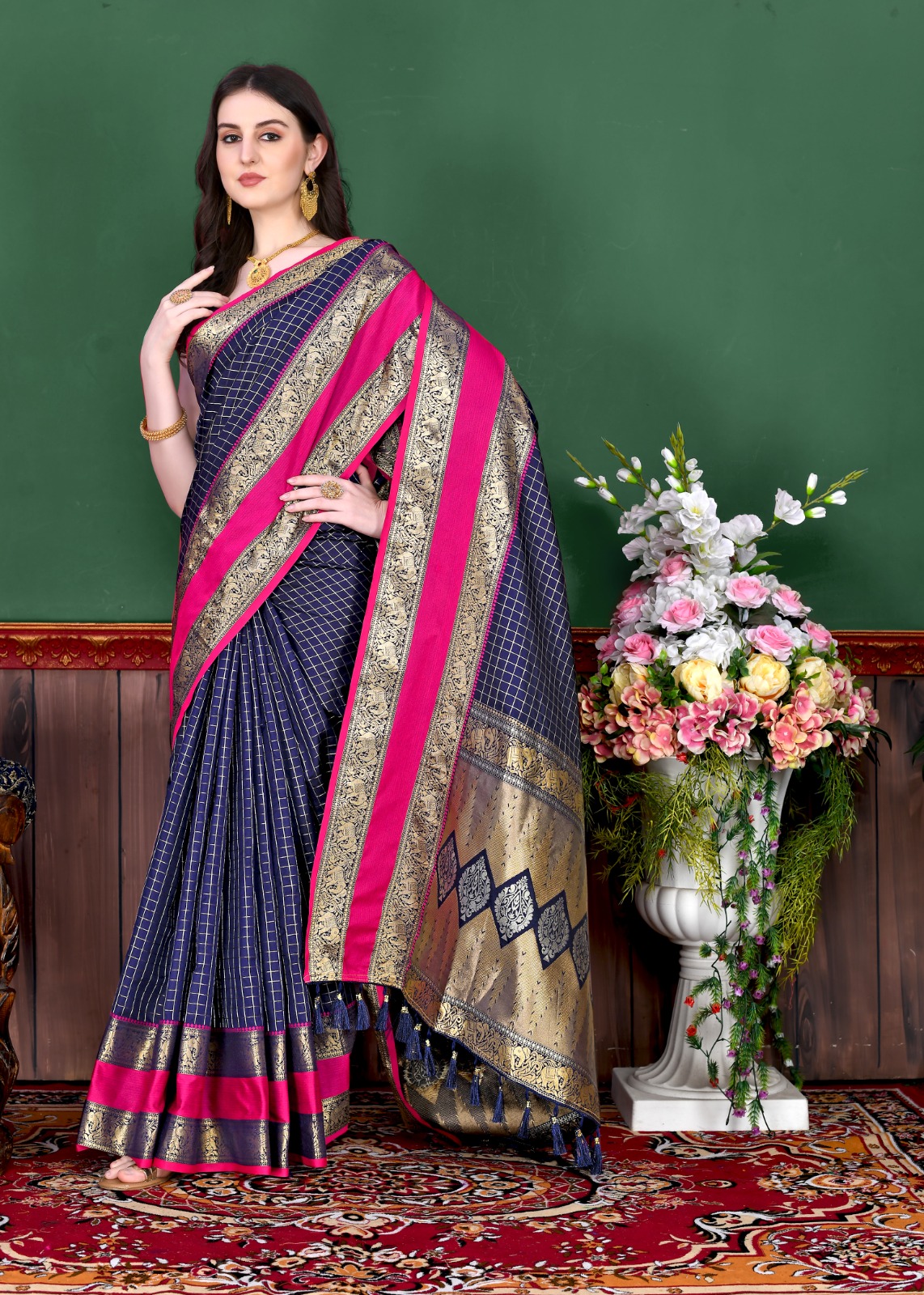 Pure Banarasi Silk All Over Zari Weaved Check Saree