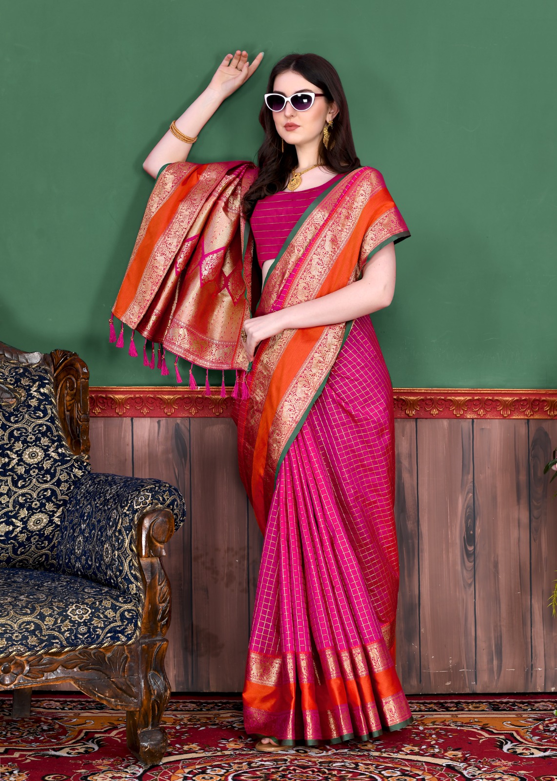 Pure Banarasi Silk All Over Zari Weaved Check Saree