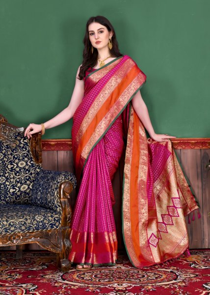 Image of Pure Banarasi Silk All Over Zari Weaved Check Saree
