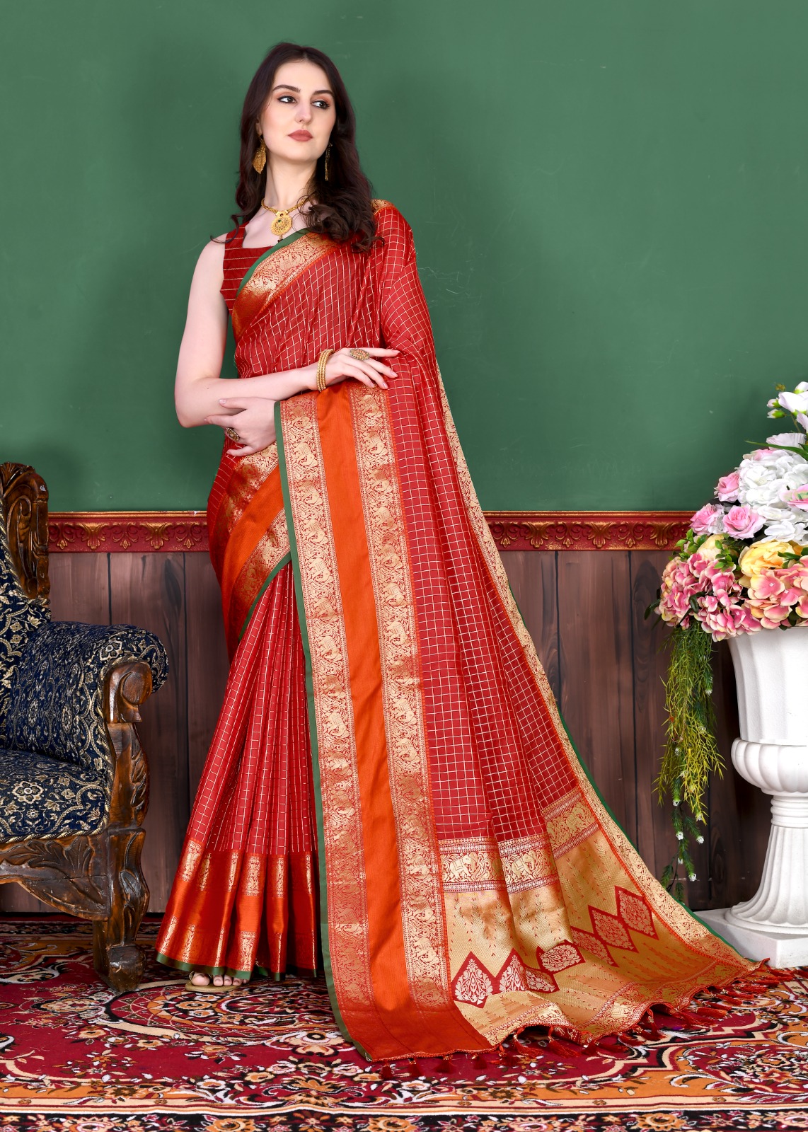 Pure Banarasi Silk All Over Zari Weaved Check Saree