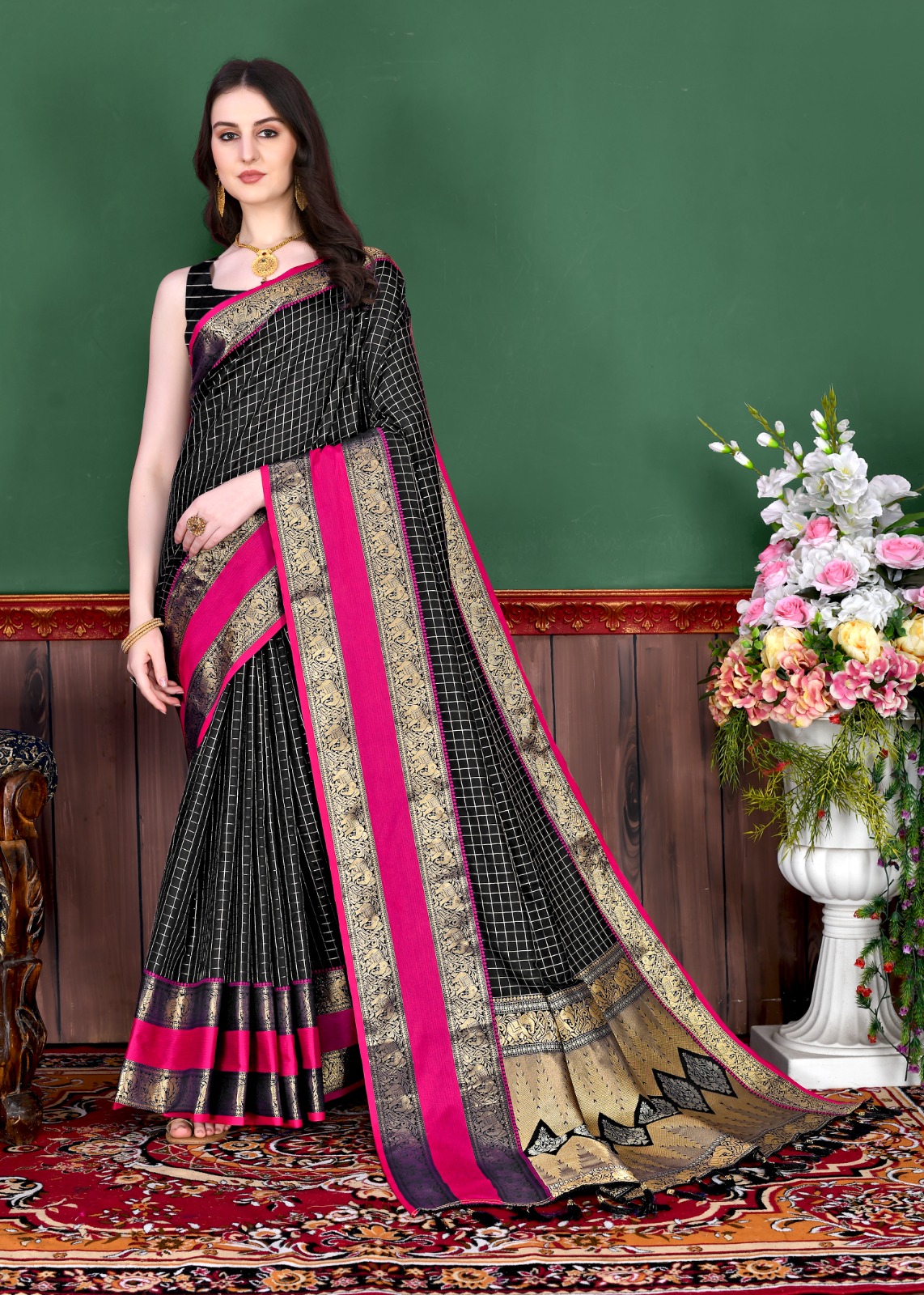 Pure Banarasi Silk All Over Zari Weaved Check Saree