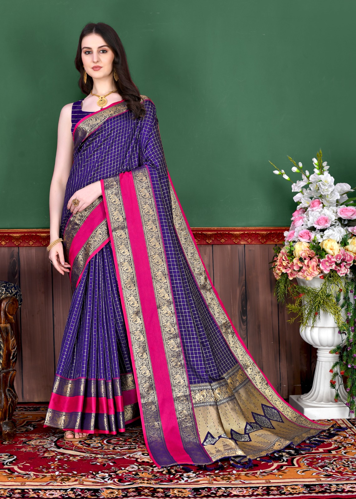 Pure Banarasi Silk All Over Zari Weaved Check Saree