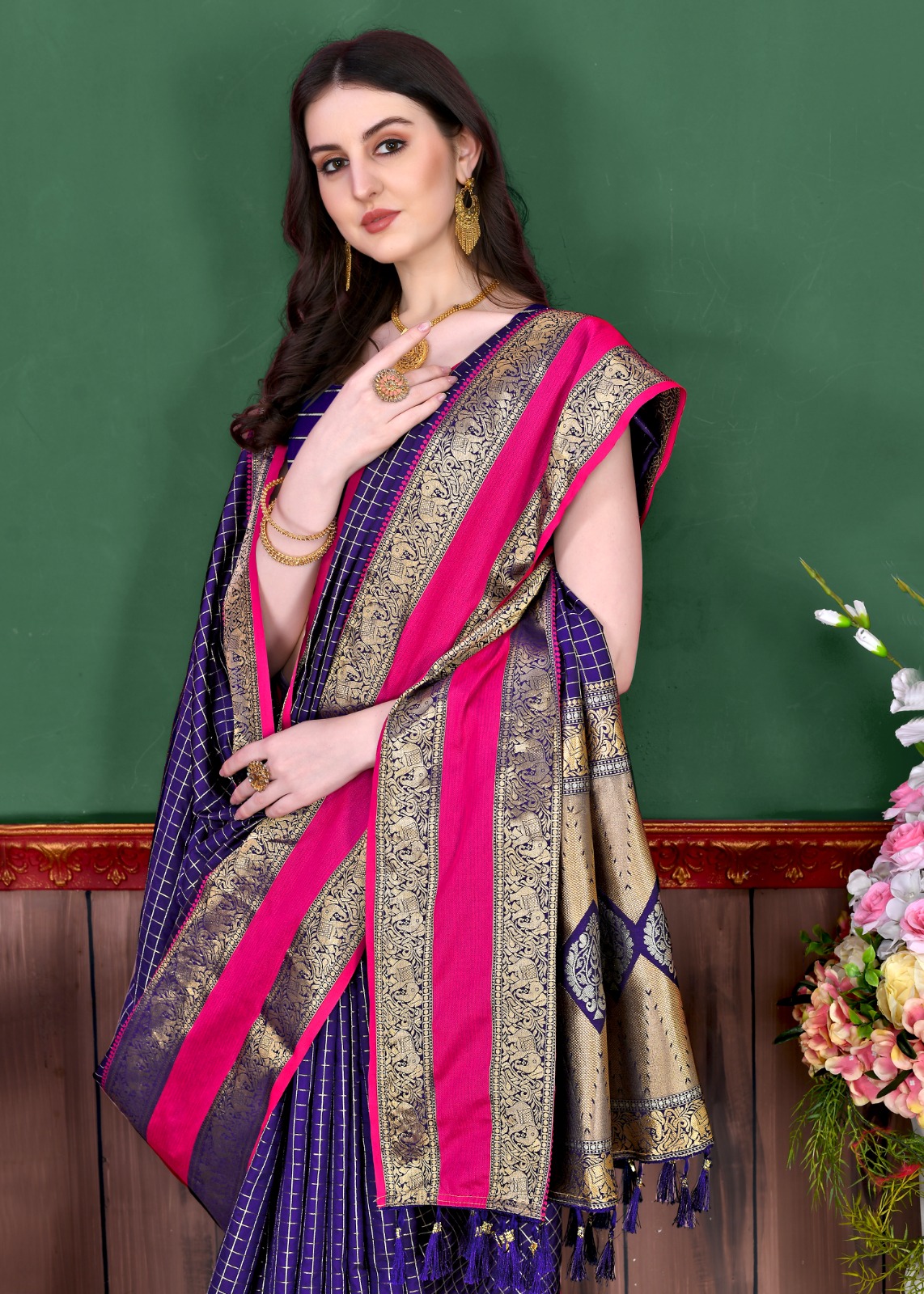 Pure Banarasi Silk All Over Zari Weaved Check Saree