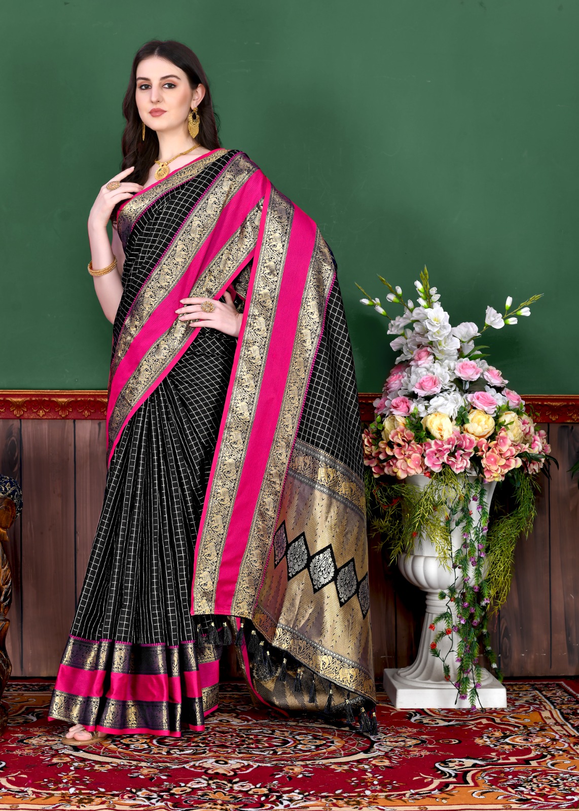 Pure Banarasi Silk All Over Zari Weaved Check Saree