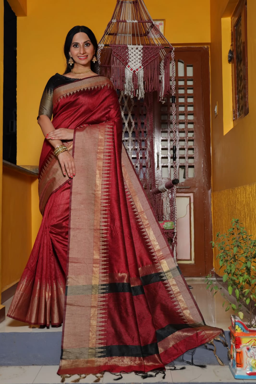 Banarasi Cotton Silk Temple Border Saree
