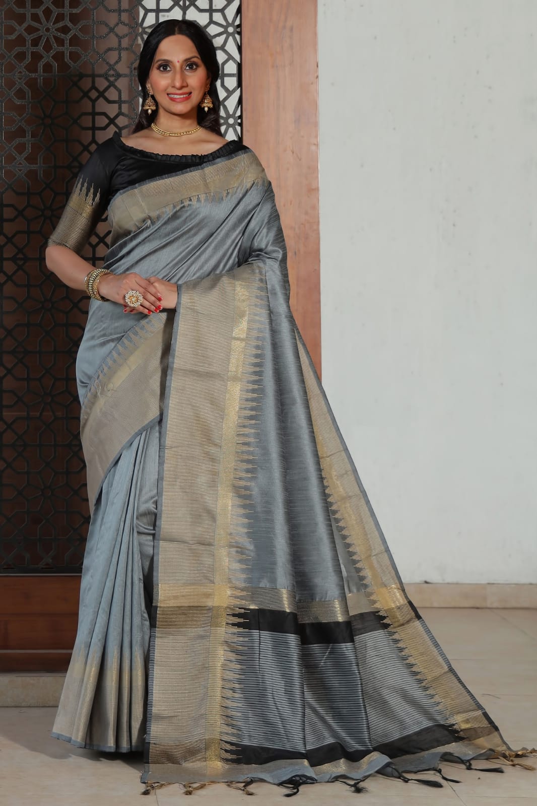 Banarasi Cotton Silk Temple Border Saree