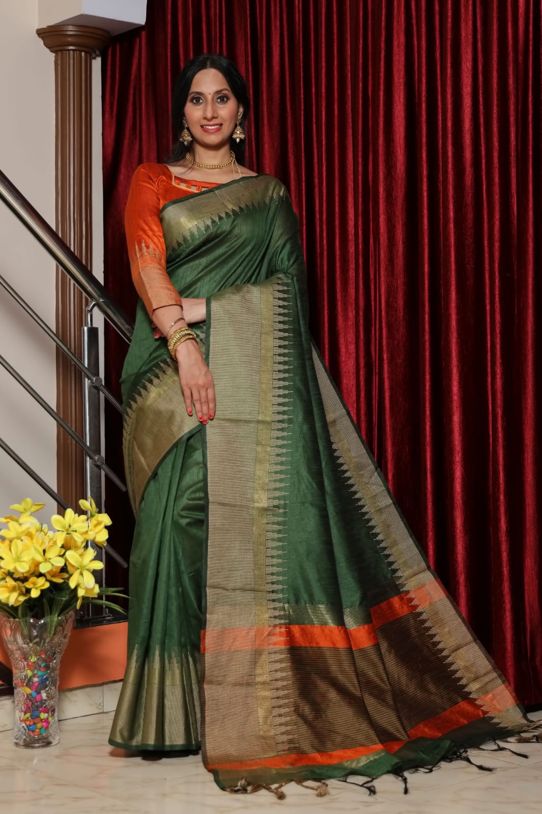 Banarasi Cotton Silk Temple Border Saree