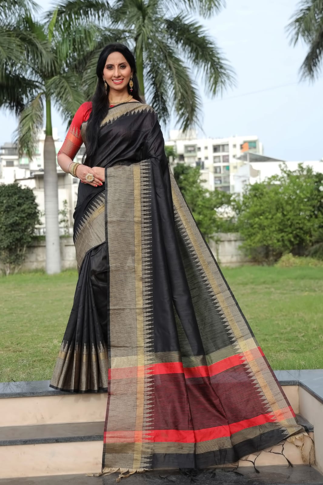 Banarasi Cotton Silk Temple Border Saree