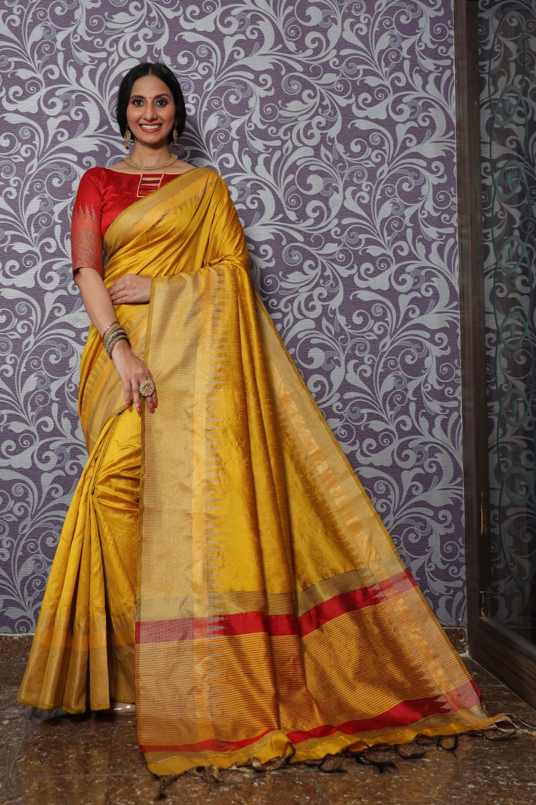 Banarasi Cotton Silk Temple Border Saree