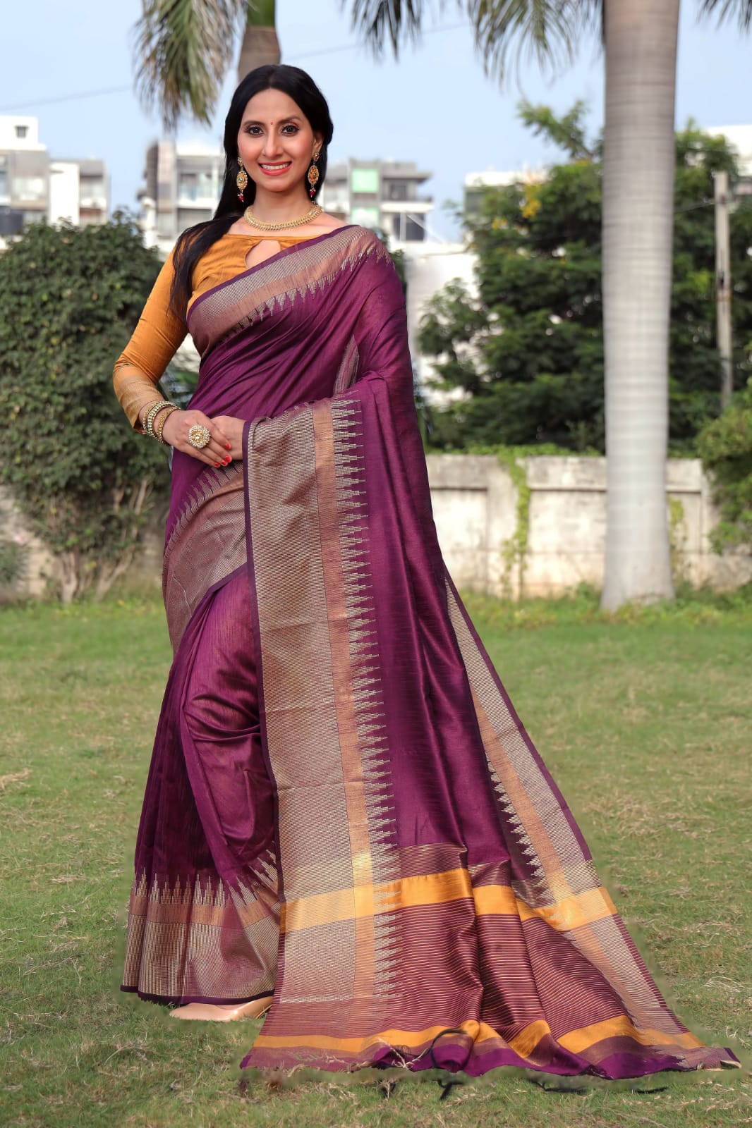 Banarasi Cotton Silk Temple Border Saree