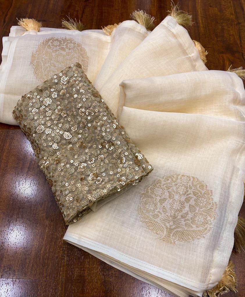 Pure Linen Zari Jacqard Weave With Tassels On Pallu