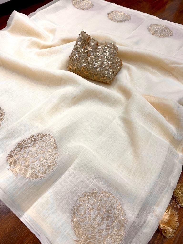 Pure Linen Zari Jacqard Weave With Tassels On Pallu
