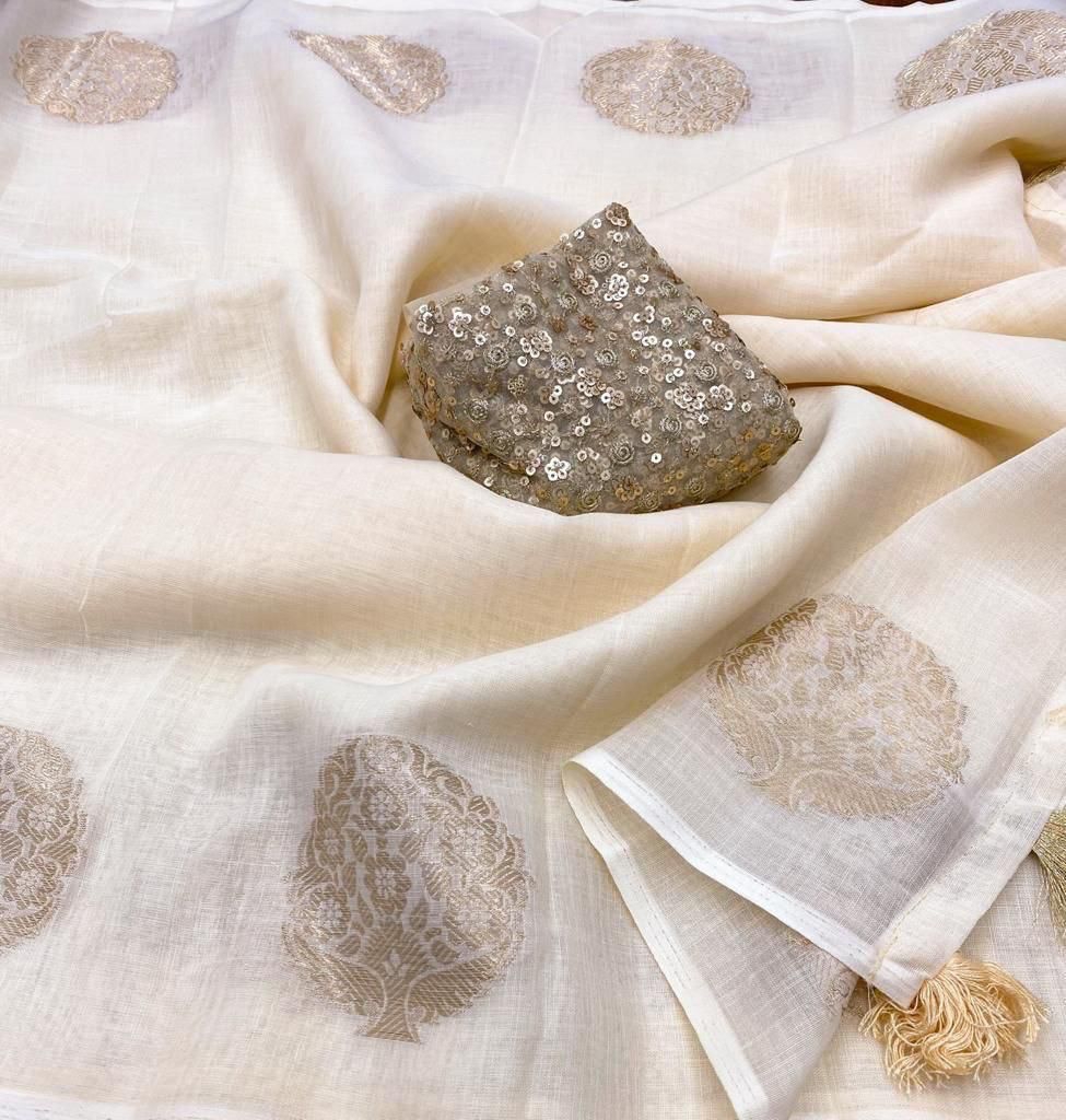 Pure Linen Zari Jacqard Weave With Tassels On Pallu