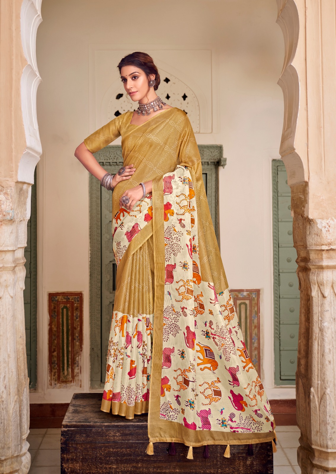 Cotton Silk Kota Dual Shade Digital Printed Saree With Tassels
