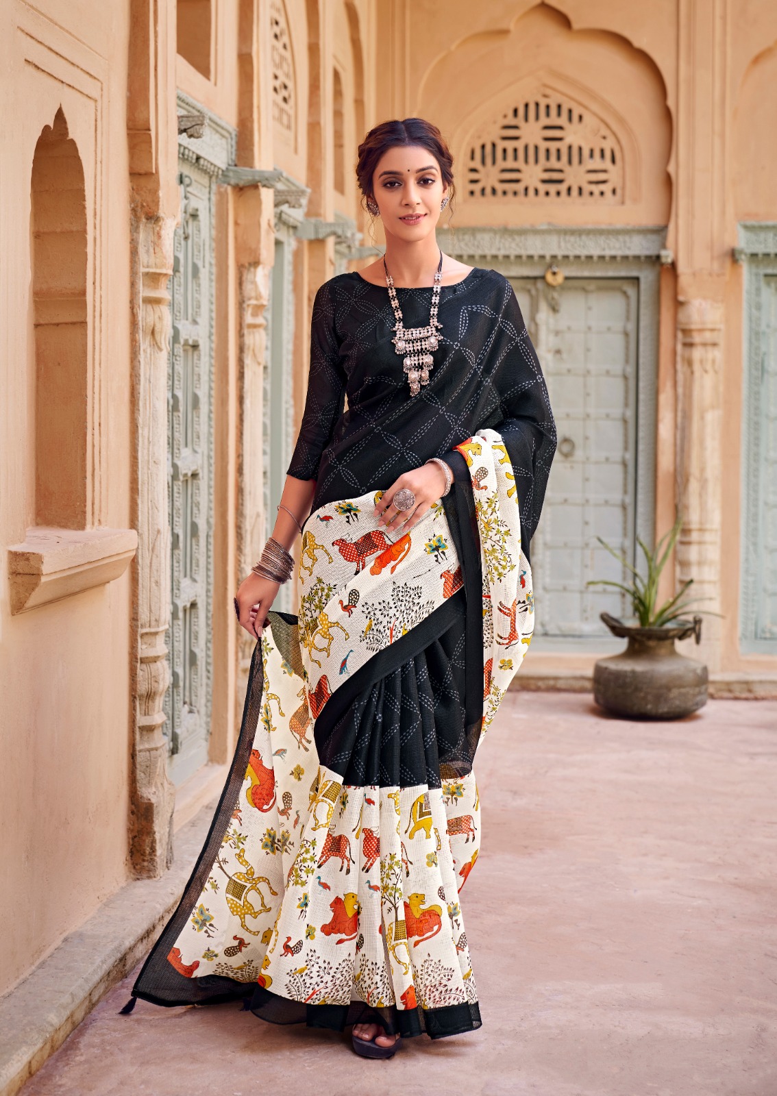 Cotton Silk Kota Dual Shade Digital Printed Saree With Tassels
