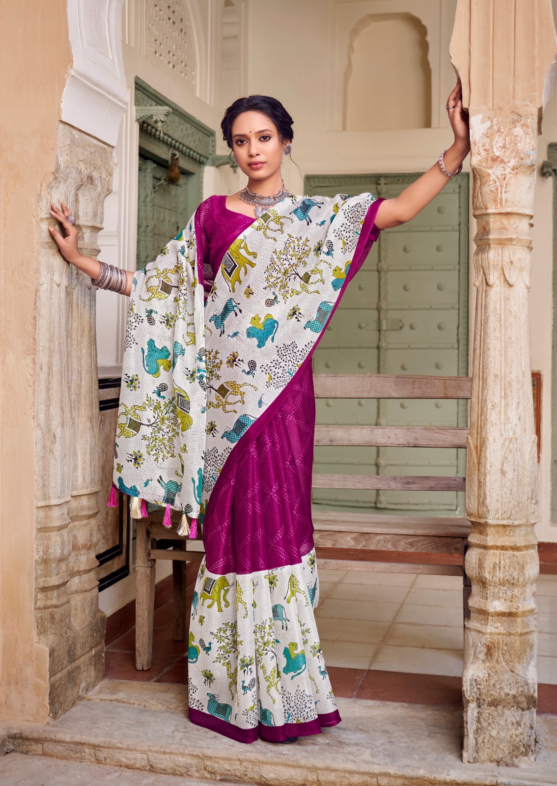 Cotton Silk Kota Dual Shade Digital Printed Saree With Tassels