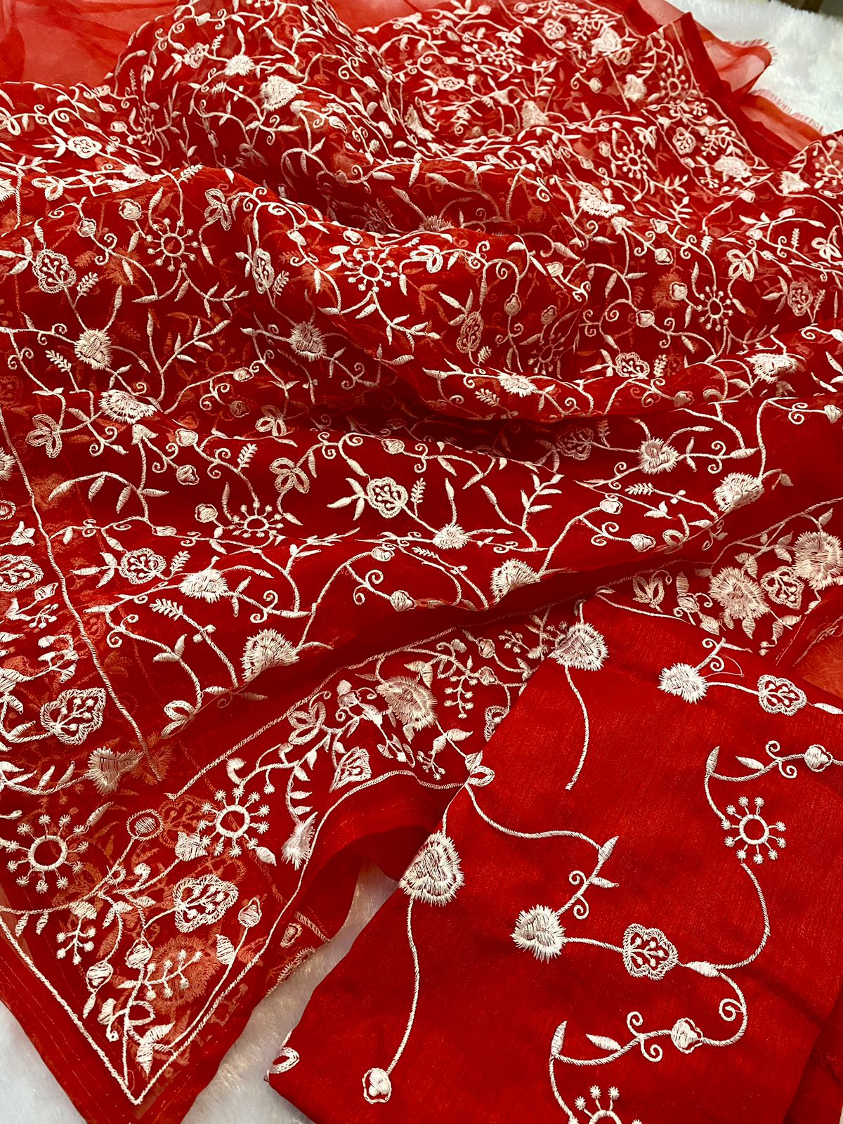 Red Pure Organza Silk All Over Lucknawi Embroidery Work Saree