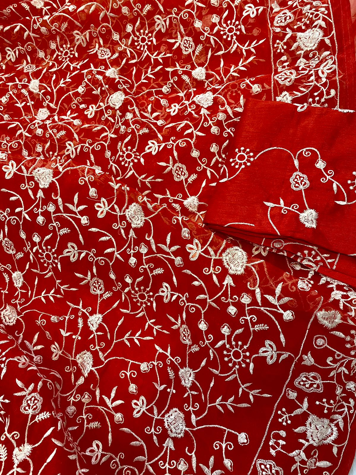 Red Pure Organza Silk All Over Lucknawi Embroidery Work Saree