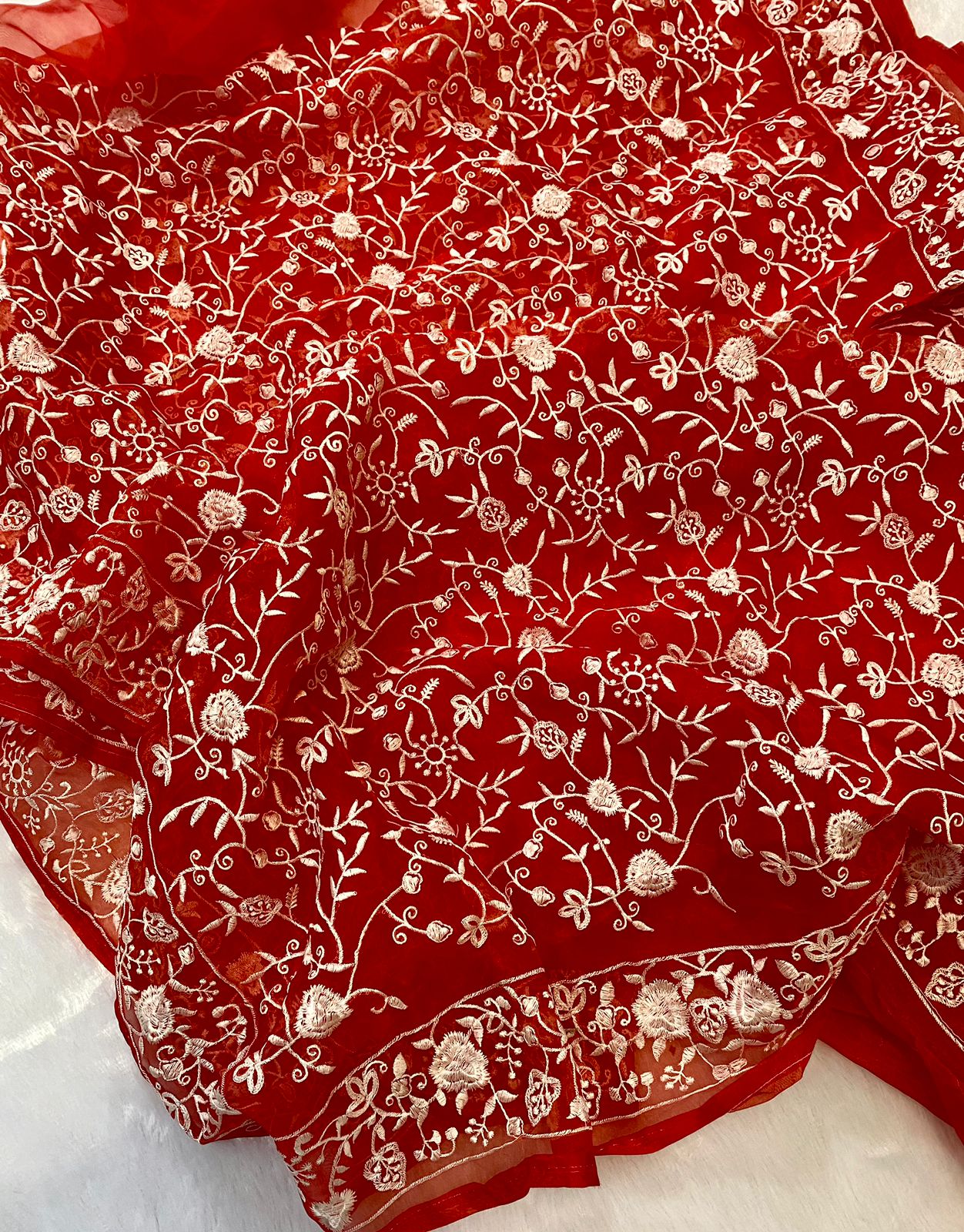 Red Pure Organza Silk All Over Lucknawi Embroidery Work Saree