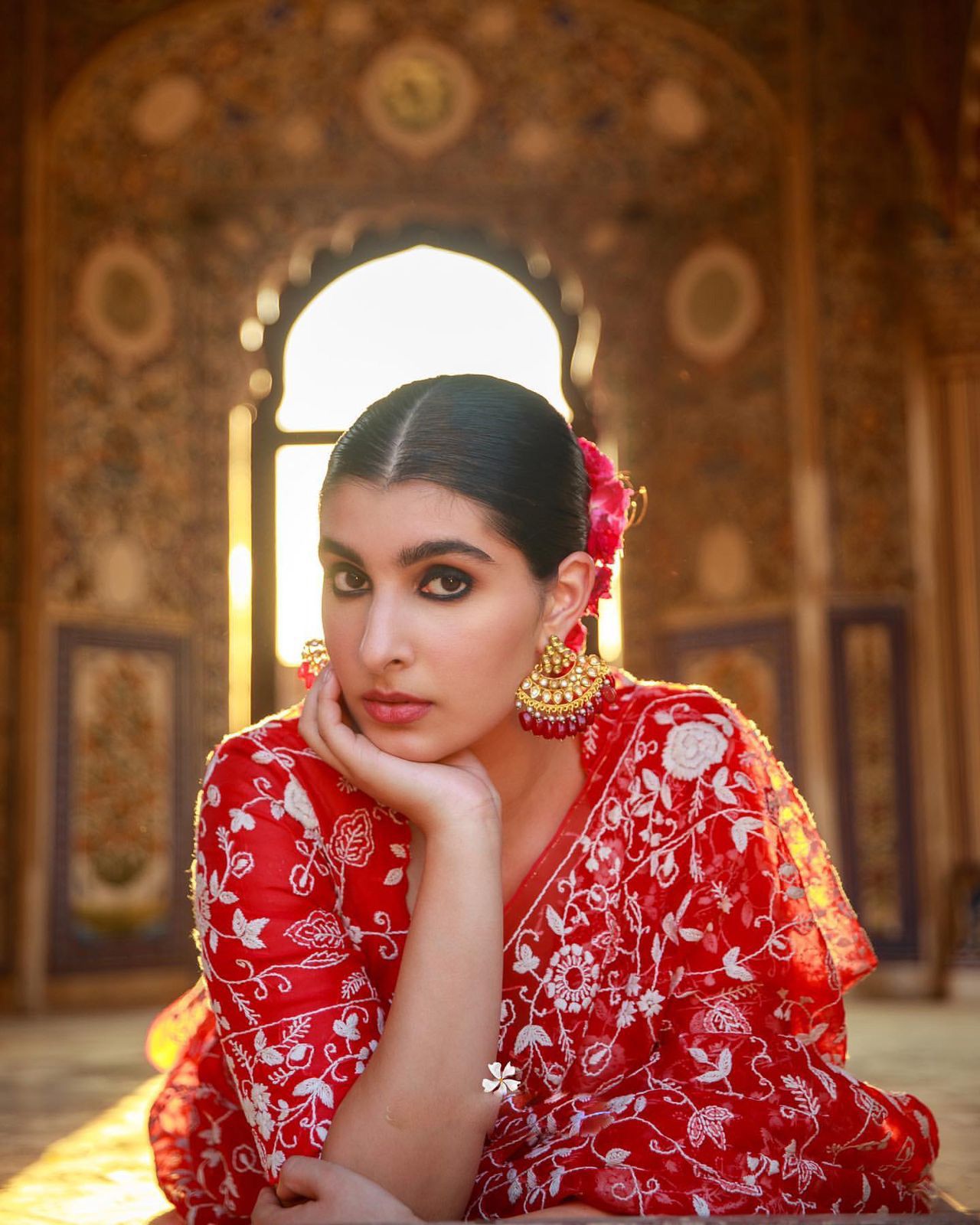 Red Pure Organza Silk All Over Lucknawi Embroidery Work Saree