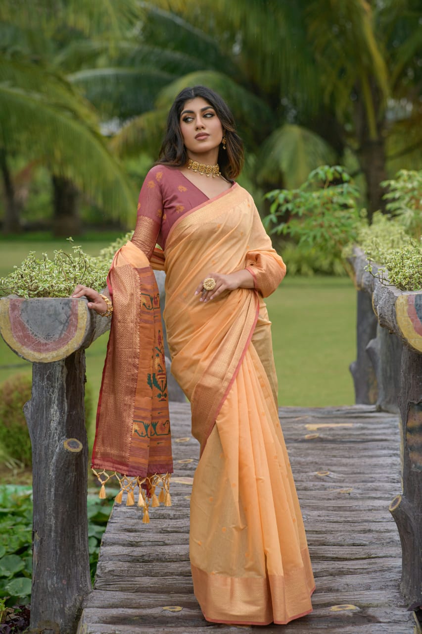 Chanderi Silk Saree All Over Rich Zari Weaved With Tassels
