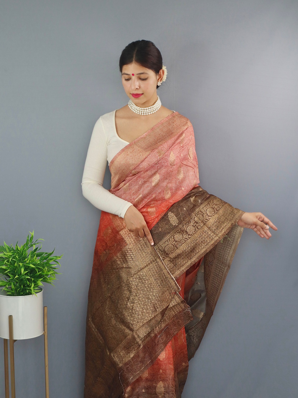 Pure Chanderi Silk Shaded Saree With Wide Zari Brocade