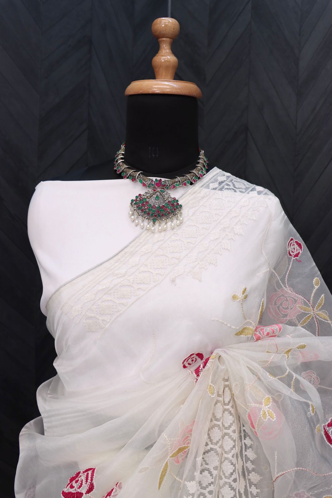 Pure Organza Silk Lucknawi Floral Embroidery Work Saree