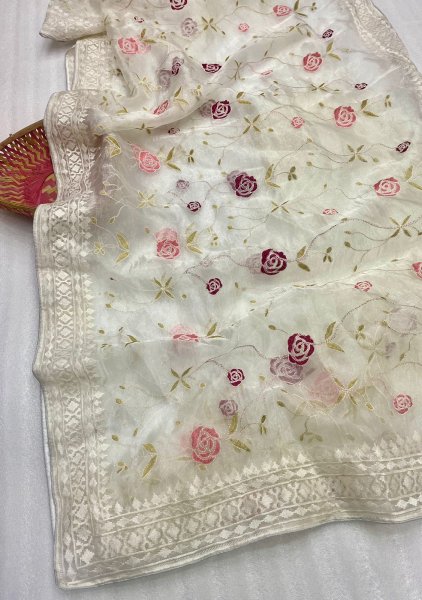 Image of Pure Organza Silk Lucknawi Floral Embroidery Work Saree