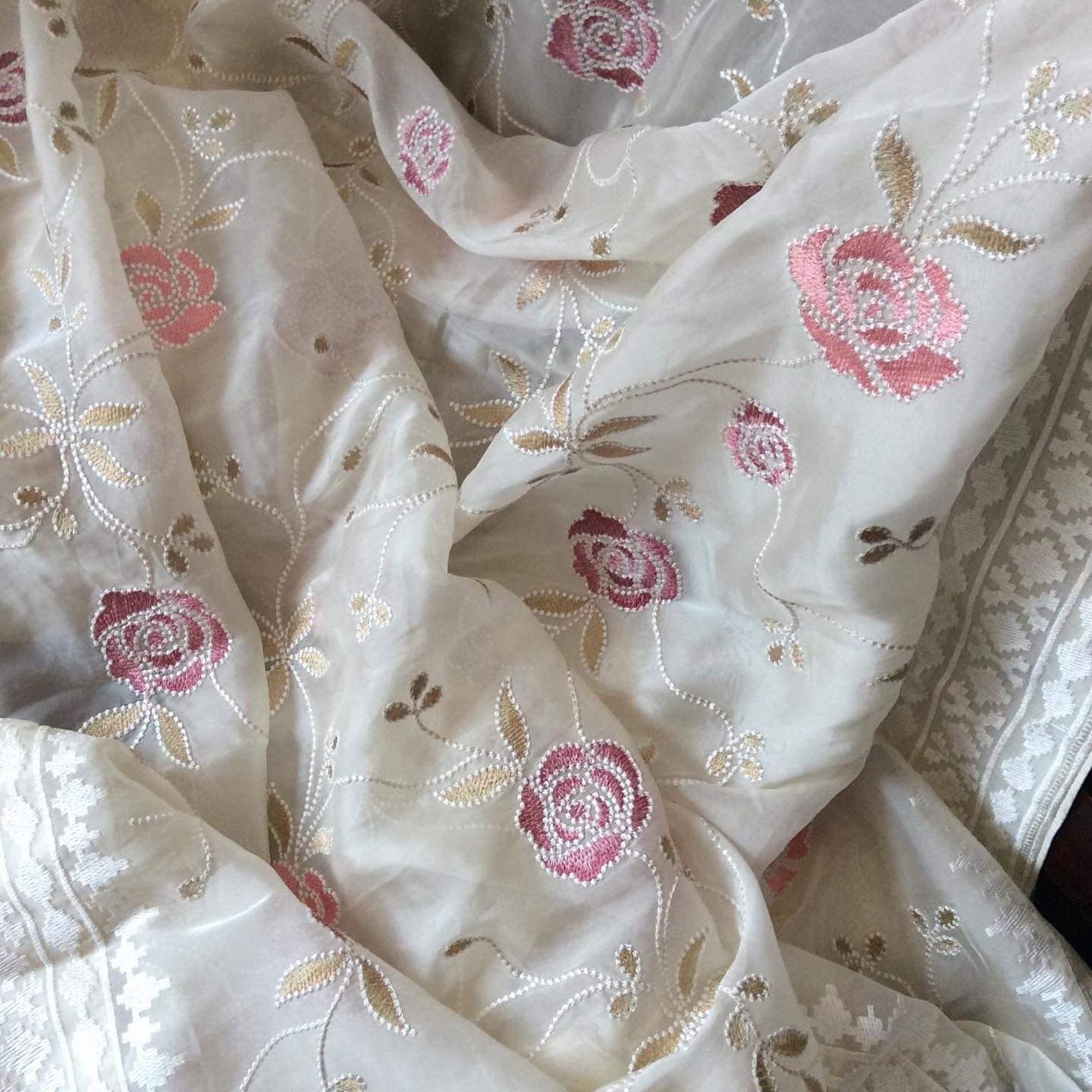 Pure Organza Silk Lucknawi Floral Embroidery Work Saree