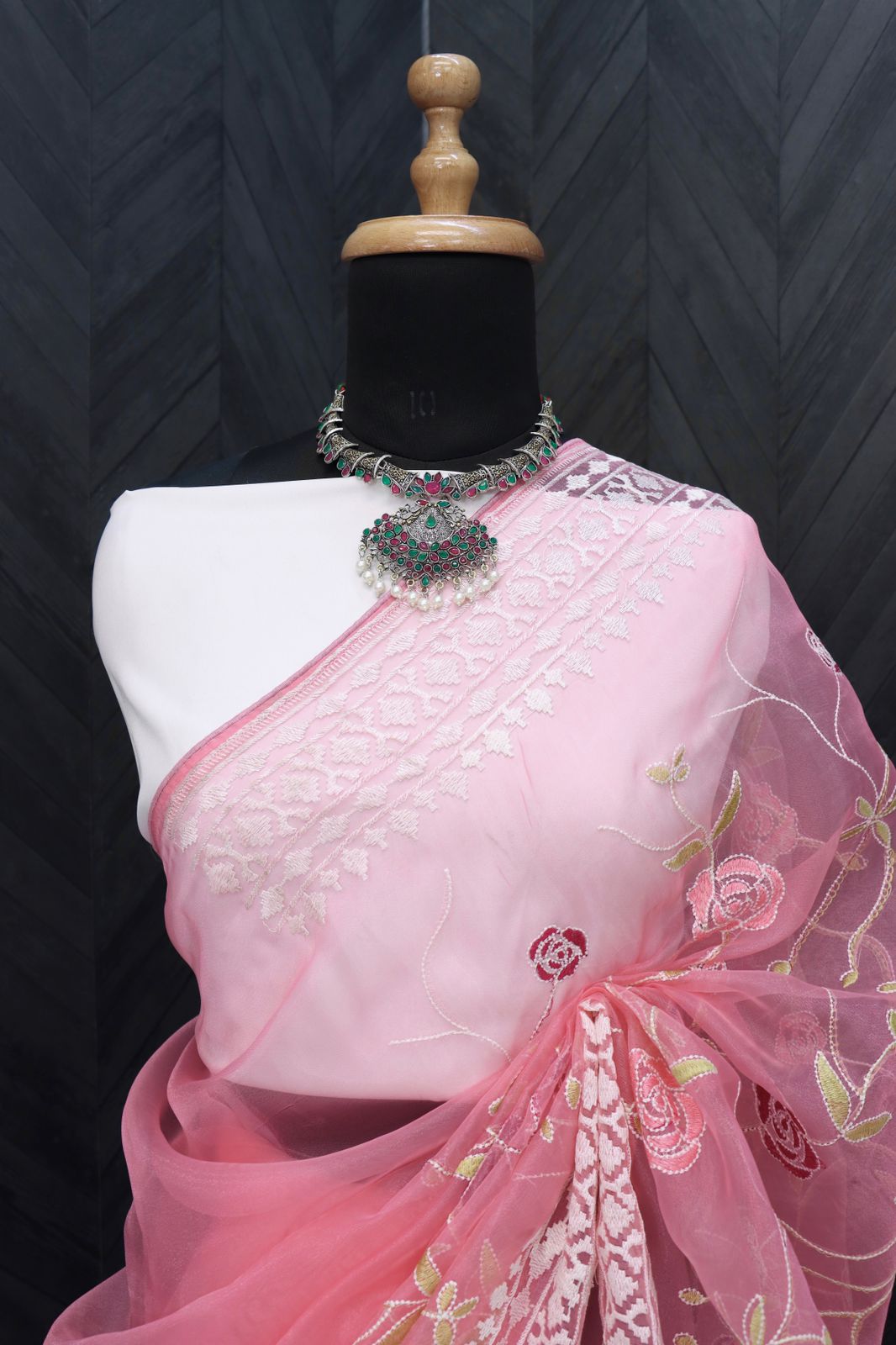 Pure Organza Silk Lucknawi Floral Embroidery Work Saree