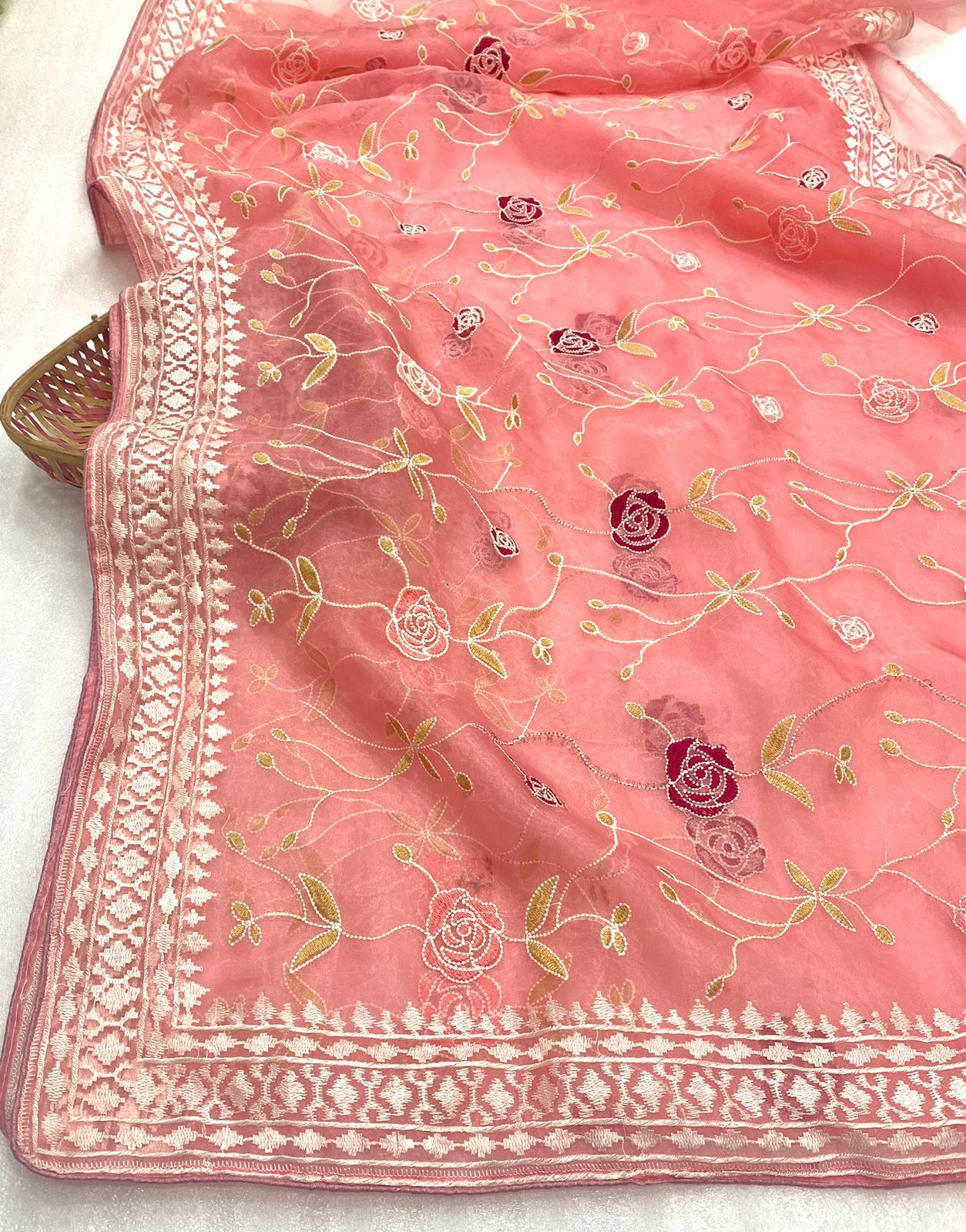 Pure Organza Silk Lucknawi Floral Embroidery Work Saree