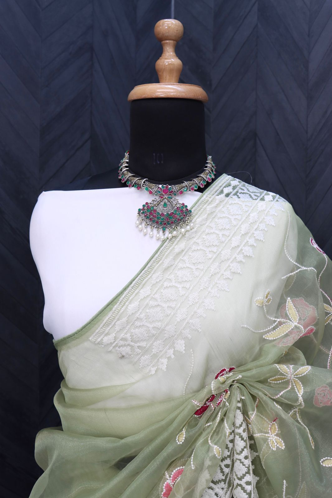 Pure Organza Silk Lucknawi Floral Embroidery Work Saree