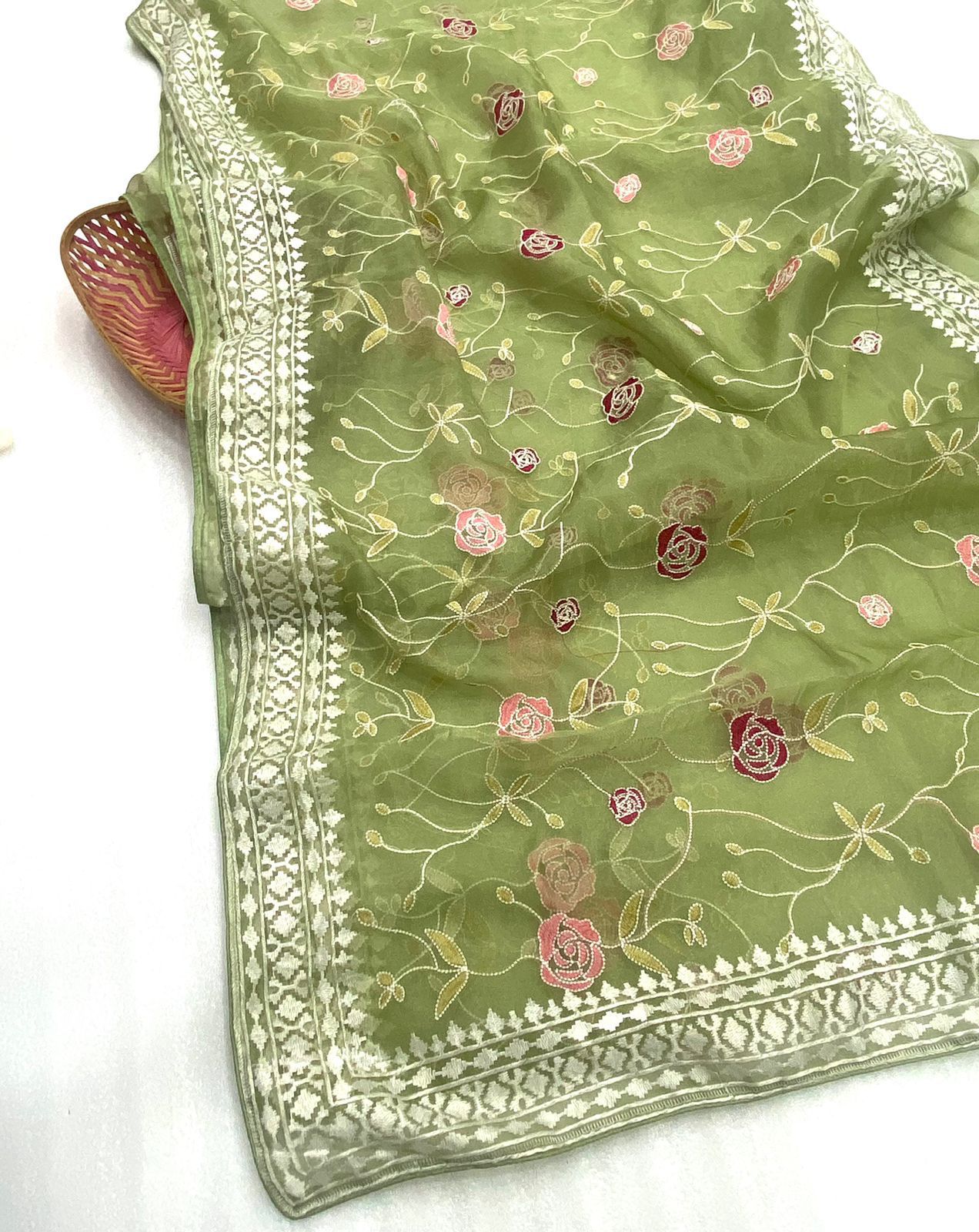 Pure Organza Silk Lucknawi Floral Embroidery Work Saree