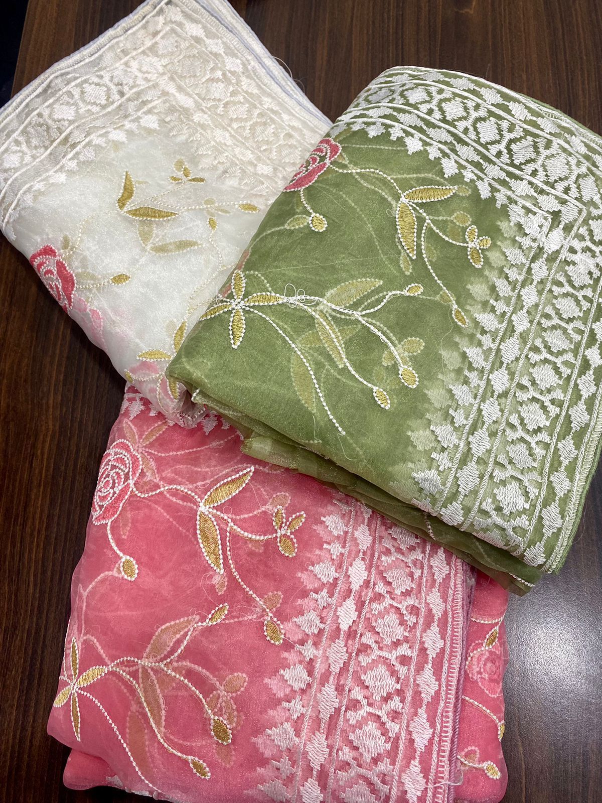 Pure Organza Silk Lucknawi Floral Embroidery Work Saree