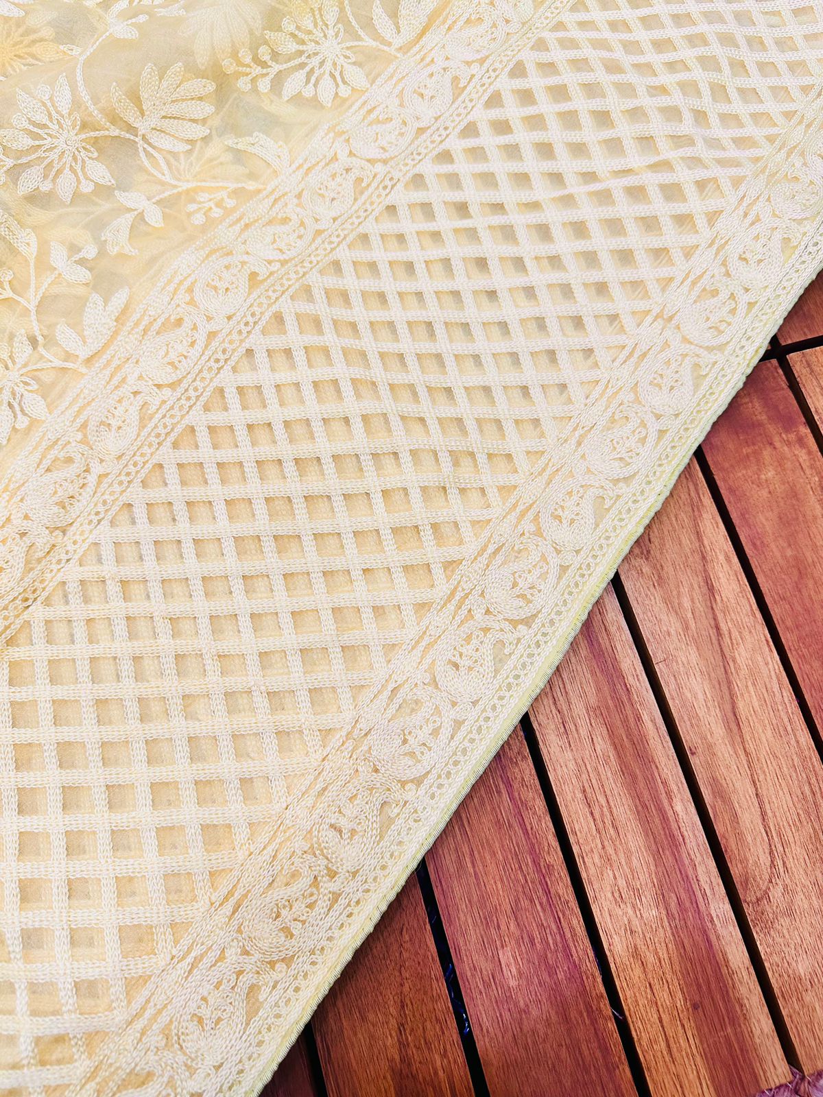 Yellow Pure Organza Silk Lucknawi Embroidery Work Saree