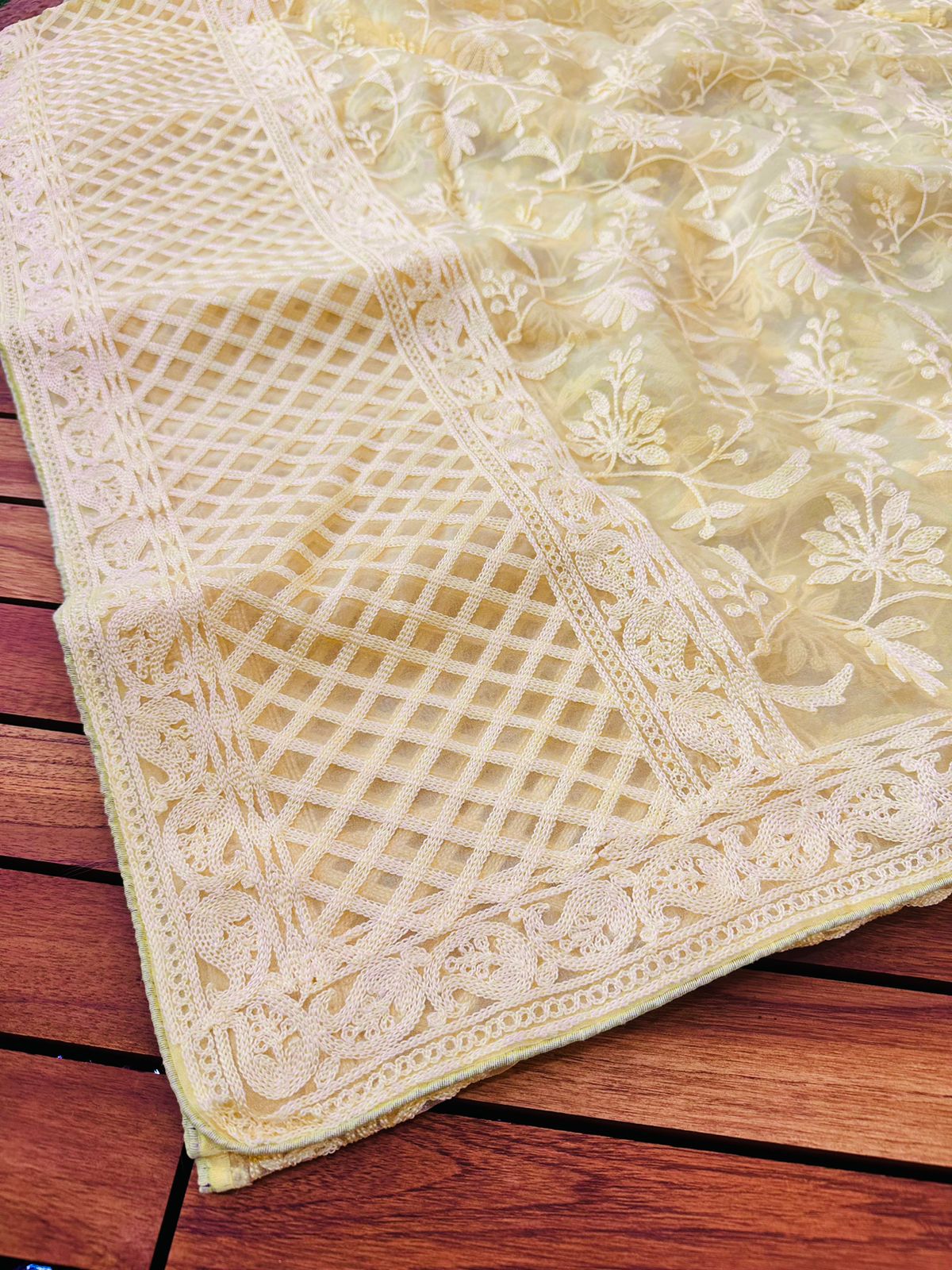 Yellow Pure Organza Silk Lucknawi Embroidery Work Saree