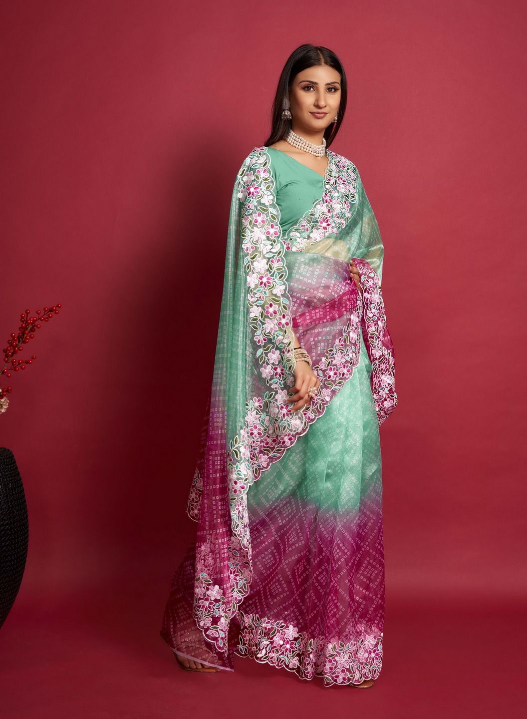 Pure Organza Silk Bandhni Print With Embroidery Work Saree